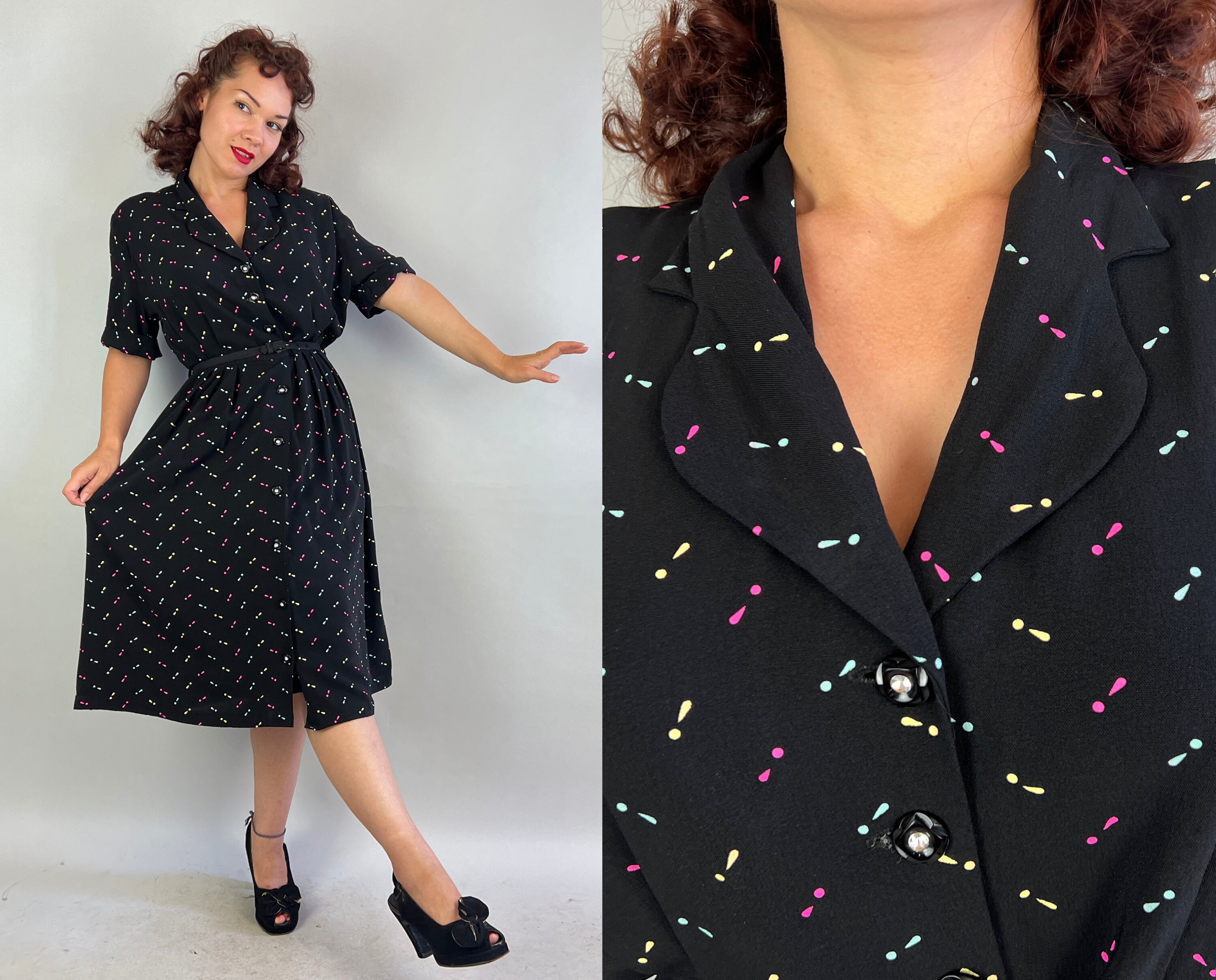 1940s Hugs and Kisses Frock Vintage 40s Blue and Pink Rayon