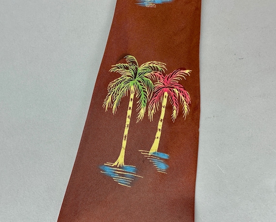 1940s Pretty Palms Necktie | Vintage 40s Brown Ac… - image 3