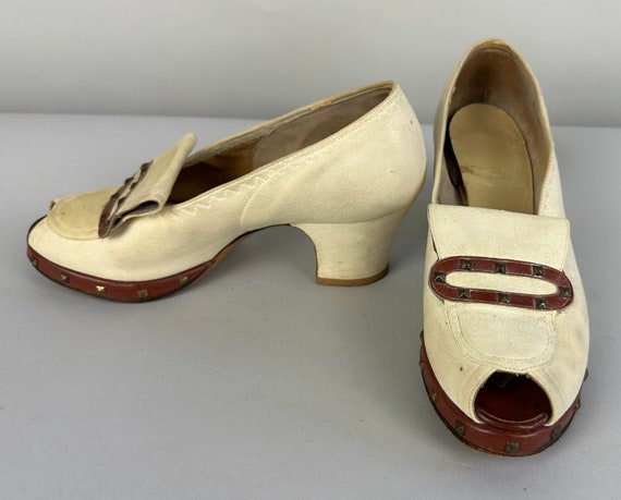 1930s Stunning Studded Shoes | Vintage 30s Ivory White Suede and Brown Leather Peep Toe Pumps Comfortable High Heels with Studs | Size 5 US