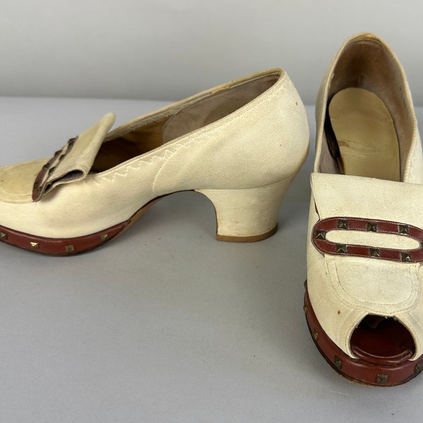 1930s Stunning Studded Shoes | Vintage 30s Ivory White Suede and Brown Leather Peep Toe Pumps Comfortable High Heels with Studs | Size 5 US