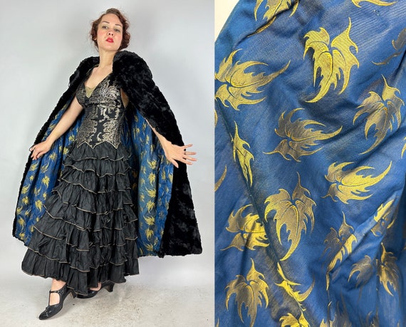 1920s Vivacious Vamp Cape | Antique Vintage 20s Black Sheared Fur Evening Opera Cloak Wrap with Iridescent Silk Gold and Blue Leaf Lining