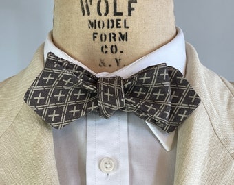 1930s Style Double Plus Good Bowtie | Khaki Tic-Tac-Toe on Chocolate Linen Filled w/ Positivity Adjustable Batwing Diamond Tip Self Bow Tie