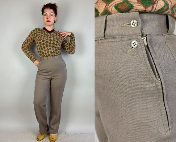1950s Wyoming Winona Trousers | Vintage 50s Taupe Grey Durable Wool Twill Western Side Zip Slacks Pants by "Western Ranchman" | Medium