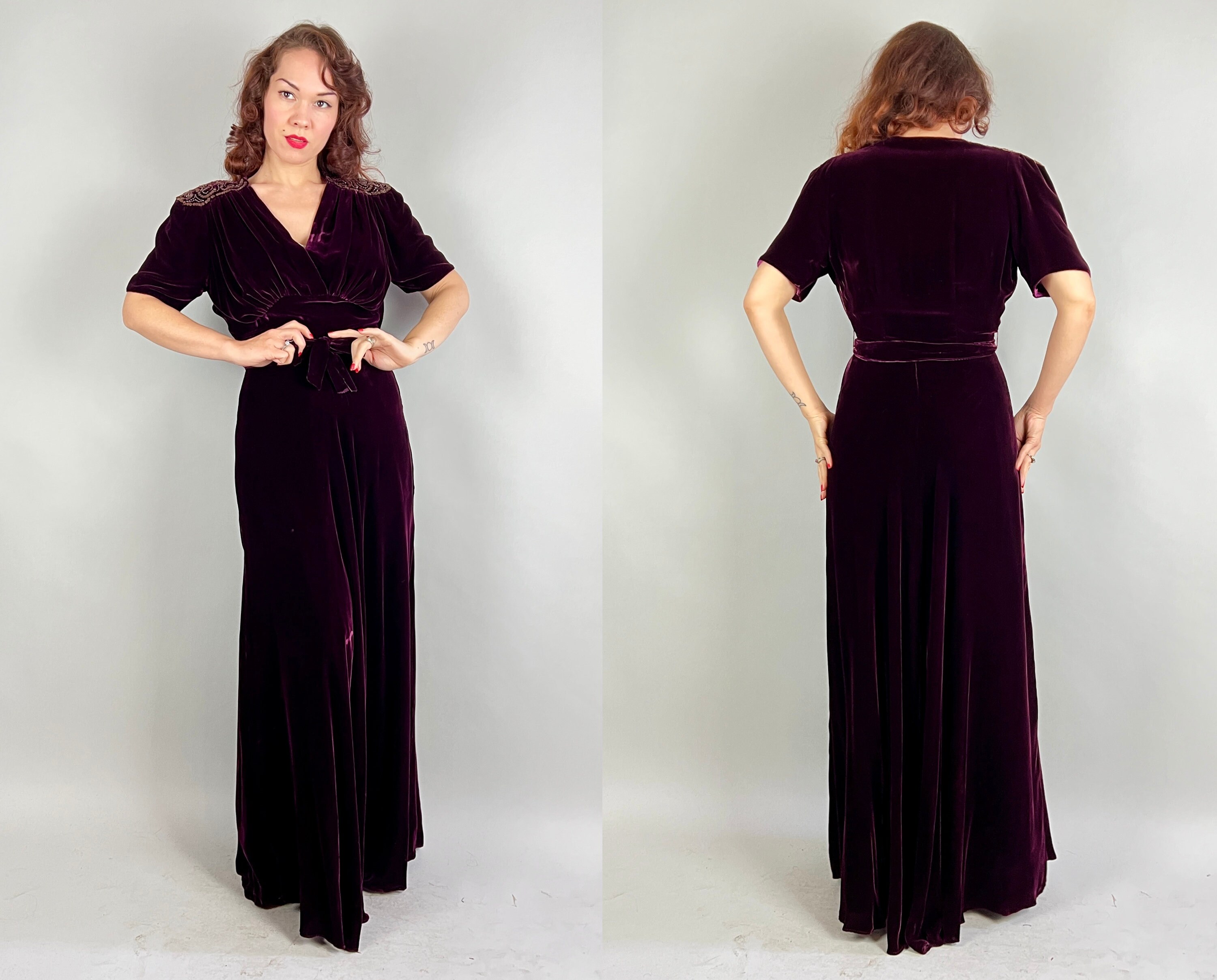 1930s Sipping Wine Gown | 30s Eggplant Purple Silk Velvet Long Evening ...