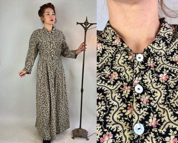 1800s Out on the Range Dress Set | Vintage Antique Victorian Black Green and Pink Floral Cotton Button Up Bodice and Skirt | Extra Large XL