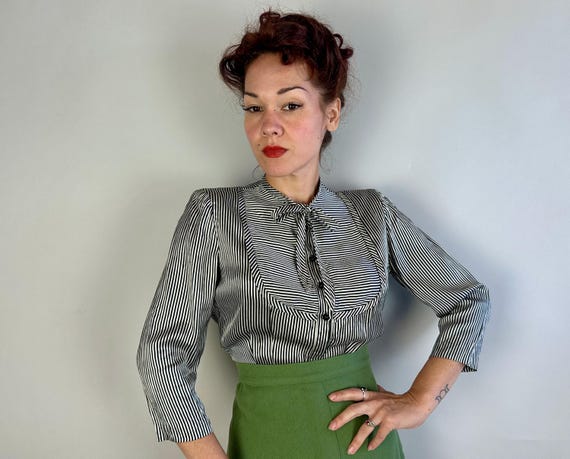 1930s Bettyjuice Blouse | Vintage 40s Black and White Stripe Burton-Esque Silk Charmeuse Button Up Shirt with Neck Bow Ties | Small Medium