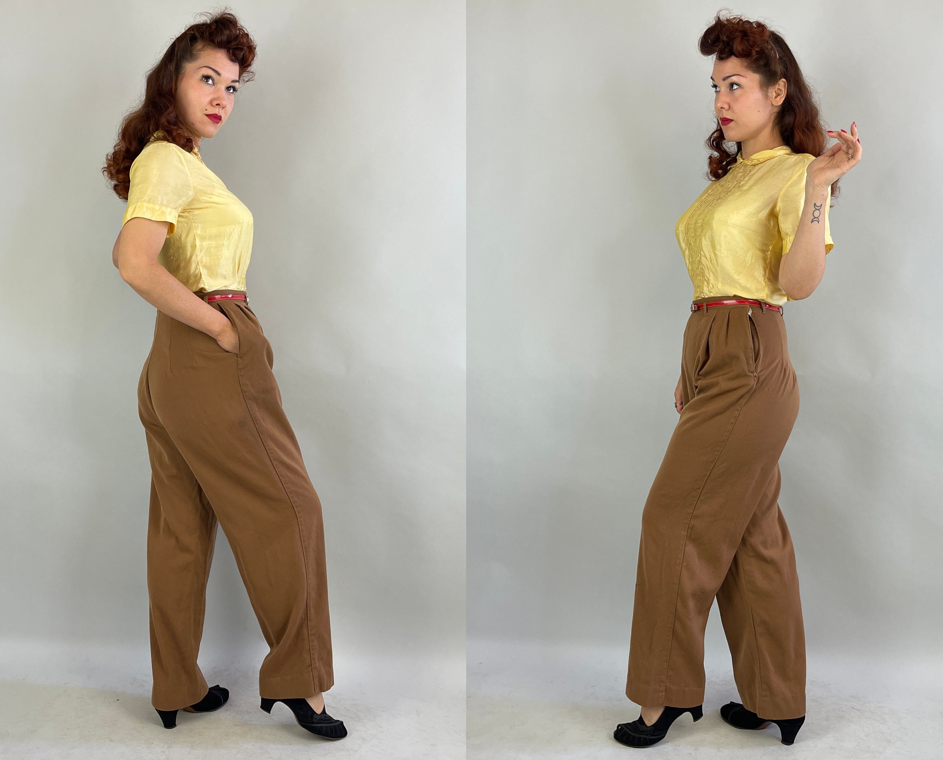 1940s Sporting Ladies Slacks, Vintage 40s Latte Brown Wool Gabardine Trousers  Pants with Top Stitching Dropped Loops and Side Zip