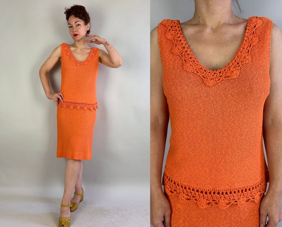 1960s Carefree Creamsicle Blouse and Skirt Ensemble | Vintage 60s Orange Two Piece Summer Knit Dress Set with Crochet Accents | Medium