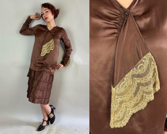 1920s Jazz Baby in Bronze Dress Ensemble | Vintage 20s Brown Silk Charmeuse Two piece Tiered Slip Frock & Top with Ecru Lace | Small Medium