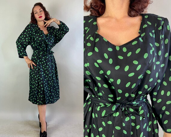 1940s Mad for Martinis Cocktail Dress | Vintage 40s Black Silk with Green Olive Print Frock with Double Box Pleats and Belt | Extra Large XL