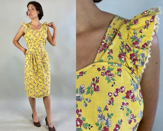 1930s Pretty Penny’s Pinafore | Vintage 30s Yellow Pink Purple Floral Cotton Button Back Dress w/Ric Rac Ruffle Trim & Pockets | Small/XS