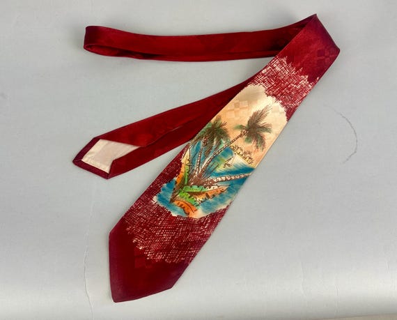 1940s Tropical Vacation Necktie | Vintage 40s Scarlet Silk Brocade Self Tie with Hand Painted Island Scenes of Palm Trees and Sailboat