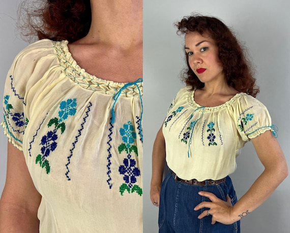 1930s Pastoral Peasant Blouse | Vintage 30s Yellow Sheer Rayon Voile Hungarian Blue and Green Floral Embroidered Shirt Top | Small Medium