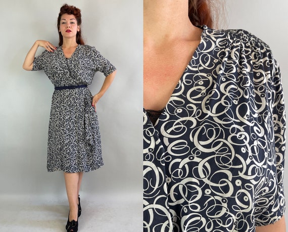 1940s Carla's Curly Q's Dress | Vintage 40s Slate Blue and White Rayon Chiffon Faux Wrap Frock w/ Hip Swag & Smocking | Large/Extra Large XL