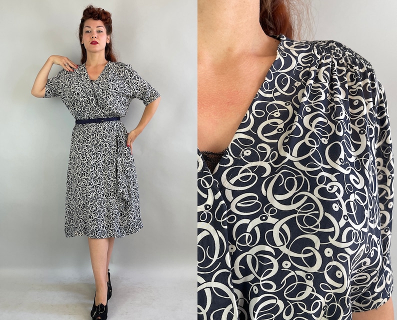 1940s Carla's Curly Q's Dress Vintage 40s Slate Blue and White Rayon Chiffon Faux Wrap Frock w/ Hip Swag & Smocking Large/Extra Large XL image 1