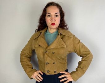 1930s Fly Girl Franny Jacket | Vintage 30s Camel Beige Suede Cropped Cossack Coat with Double Breasted Buttons & Point Lapel | Small Medium