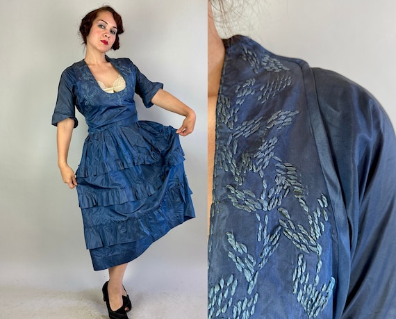 1910s Beauty Blooms in Blue Dress | Vintage Teens Antique Silk Taffeta Tea Gown Frock with Embroidery Ruffles and Bow | Medium