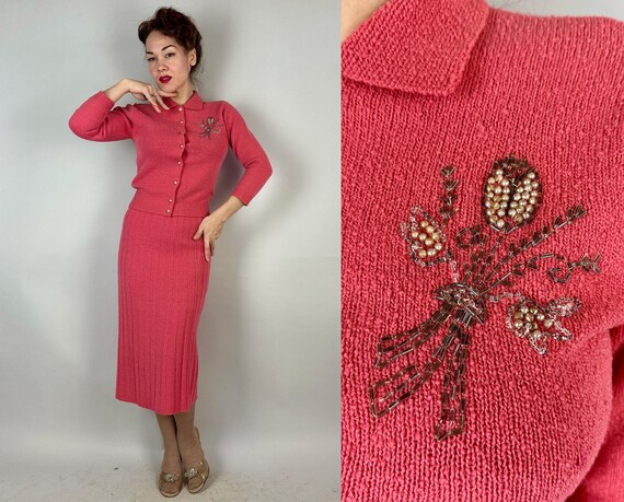 1950s Carouse in Coral Knit Set | Vintage 50s Pink Boucle Wool 2-Piece Sweater Cardigan & Skirt with Floral Nosegay Beadwork | Small Medium
