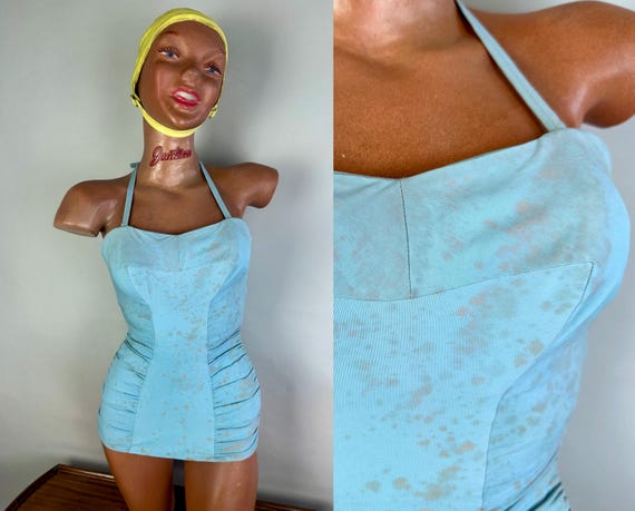 1950s Sun Sky & Sand Swimsuit | Vintage 50s Sky Blue Splatter Print Hourglass Bathing Suit with Gathers and Ruching | Small Extra Small XS
