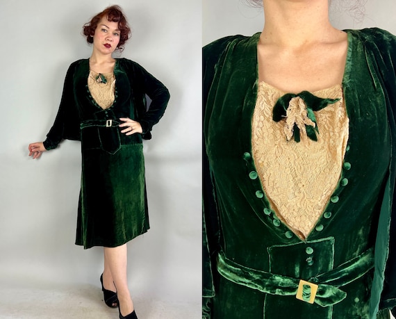 1920s Socialite Sashay Dress Ensemble | Antique Vintage 20s Forest Green Silk Velvet and Blush Lace Frock with Jacket & Belt | Medium Large