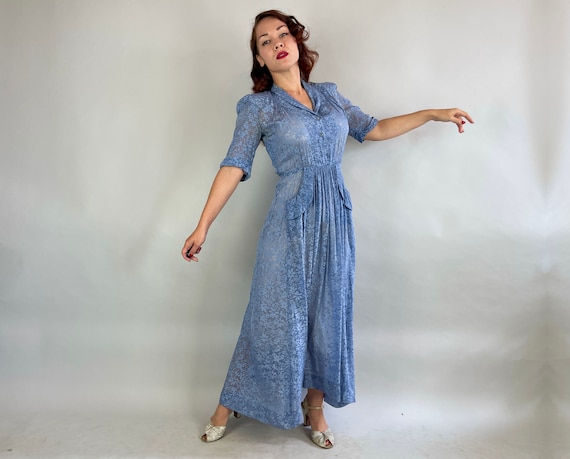 1930s Garden Gala Gown | Vintage 30s Sky Blue Sem… - image 2