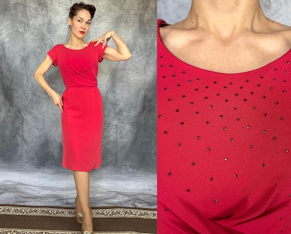 1950s Hot Pink Honey Dress | Vintage 50s Rayon Crepe Cocktail Frock with Ruby Red Rhinestone Studs and Faux Drape | Extra Large XL