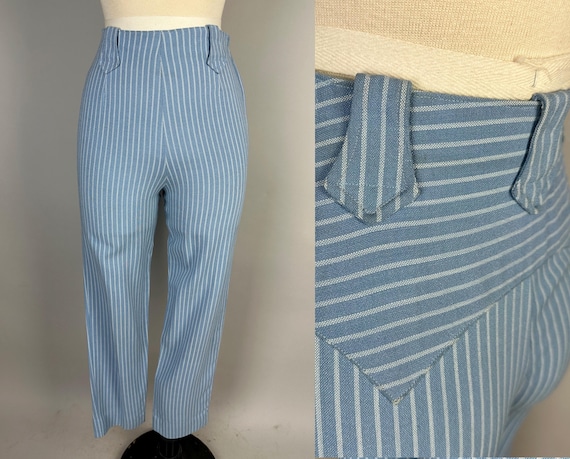 1950s Straight Up Pinup Pants | Vintage 50s Blue and White Stripes Cotton Western Side Zip Cigarette Slacks w/Peak Details | Extra Small XS