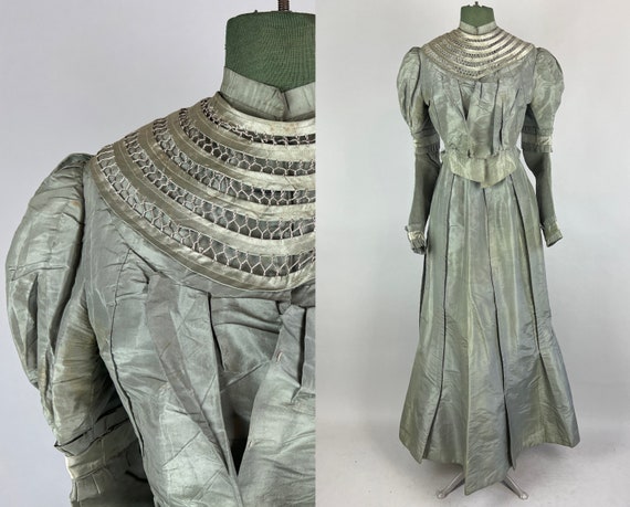 1800s Silver Swish Dress Ensemble | Antique Victorian Two Piece Pewter Silk Taffeta Gown Skirt & Bodice w/ Juliette Sleeves | Extra Small XS