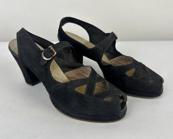 1940s Summer Goth Pumps | Vintage 40s Black Suede Leather Peep Toe Slingback Mary Jane Heels with Corset Lacing Cutouts | Size US 7.5 7&1/2