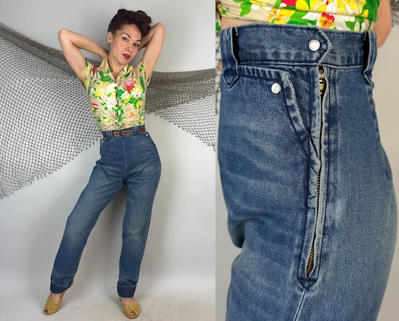 1950s Face the Frontier Jeans | Vintage 50s Blue Denim Western Dungarees with Pearl Snap Pockets Side Zip High Waist Pants | Medium