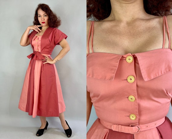 1950s Carefree Carnival Dress Ensemble | Vintage 50s Pink Mauve Color Block Cotton Sun Frock 3-Piece Set w/Bolero & Belt  | Extra Small XS
