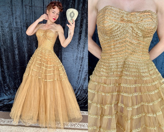 1950s Going for Gold Party Dress | Vintage 50s Gold Tulle Strapless Princess Gown with Sparkling Wavy Trim | Small