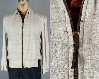 1950s Rockin&#39; at the Conga “Ricky” Jacket | Vintage 50s White with Red-Brown Slub Flecks Linen and Knit Zip Front Casual Coat | Medium Large