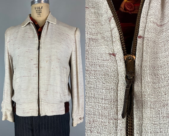 1950s Rockin' at the Conga “Ricky” Jacket | Vintage 50s White with Red-Brown Slub Flecks Linen and Knit Zip Front Casual Coat | Medium Large