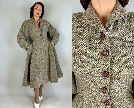 1930s Tasteful in Tweed Wool Princess Coat | Vintage 30s Single Breasted Pink Green White and Blue Multicolor Winter Jacket | XS Extra Small