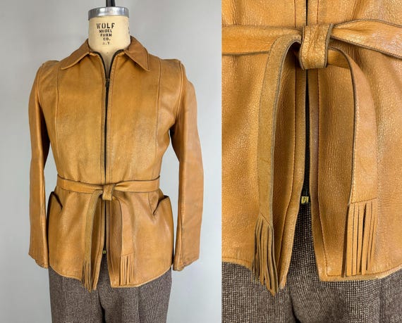 1950s Frontier Frank Jacket | Vintage 50s Yellow Ochre Deerskin Leather Coat with Fringe End Sash Belt and Arcing Pockets | Size 40 Medium