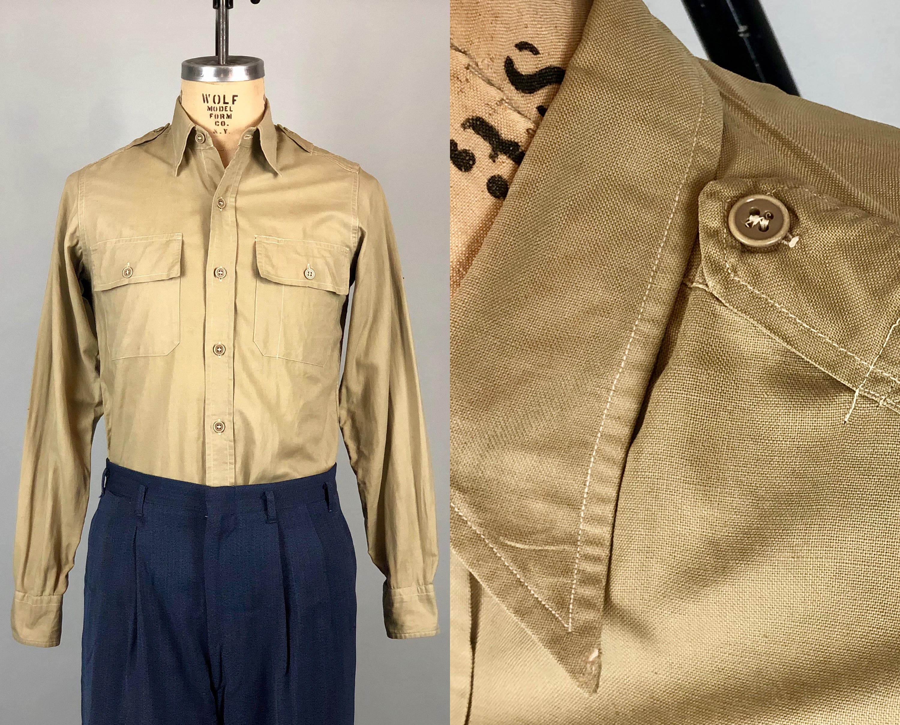 1930s Mens Military Shirt | Vintage 30s WWII Olive Tan Army 