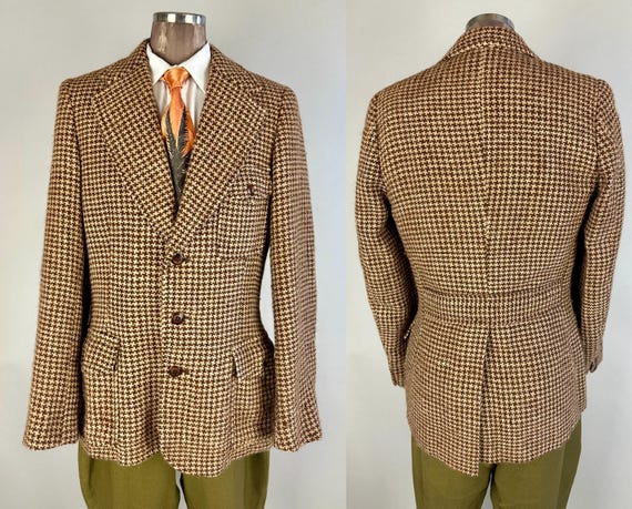 1930s Style Out with the Hounds Belted Back Jacket | Vintage 70s Does 30s Brown and Beige Houndstooth Wool Blazer | Size 40/42 Medium Large