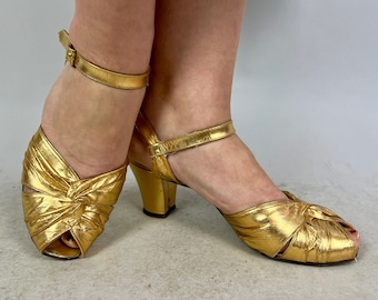 1930s Dancer's Delight Shoes | Vintage 30s Gold Gathered Leather Evening High Heel Peeptoe Mary Janes Pumps with Cut Outs | Size 7 US