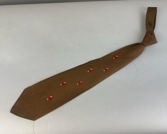 1940s Henny Penny Necktie | Vintage 40s Brown Slub Silk Self Tie Cravat with Embroidered Red and White Chickens Roosters Bird Novelty