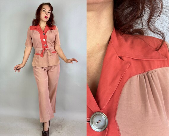 1940s Playful in Pink Set | Vintage 40s Color Block Two Tone Rayon Peplum Shirt and High Waisted Trousers with Side Buttons | Small