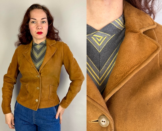 1930s Round the Range Cossack Jacket | Vintage 30s Fawn Brown Suede Cropped Coat with Pockets and Waist Adjusters | Small Extra Small XS