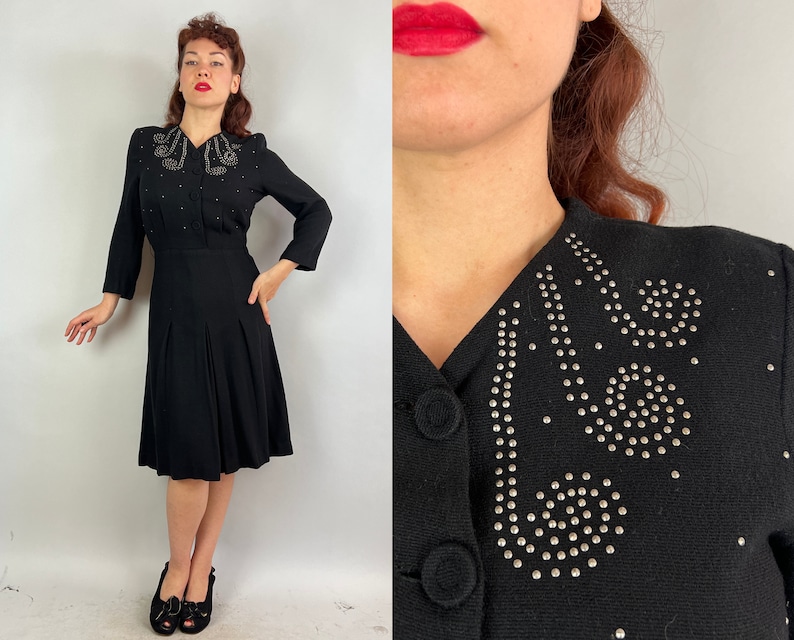 1930s Stunning Studded Starlet Dress  Vintage 30s Black Wool image 1