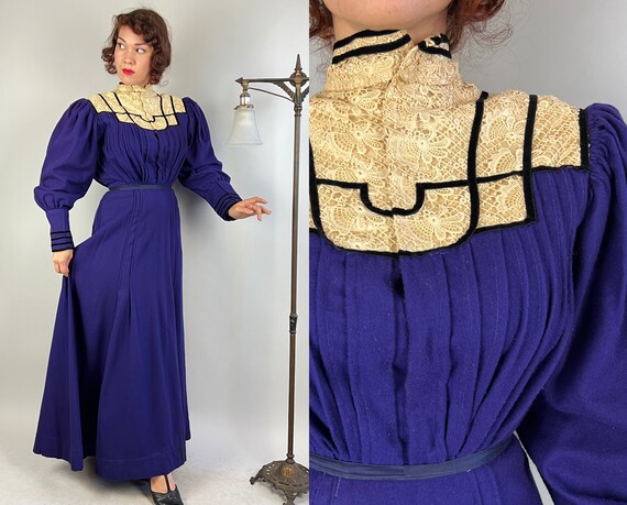 1900s Resplendently Regal Dress Ensemble | Antique Victorian Two Piece Purple Wool Skirt and Bodice w/White Lace & Black Velvet | Small XS