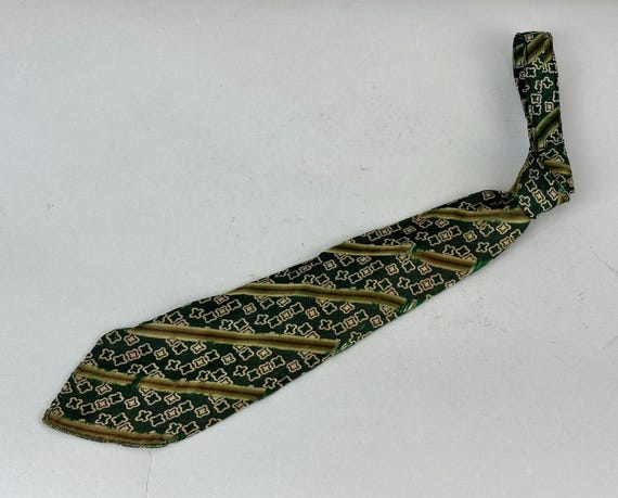 1930s On the Mark Necktie | Vintage 30s Pine Green and Tarnished Gold Silk Brocade Self Tie with Diagonal Bias Stripes and X’s