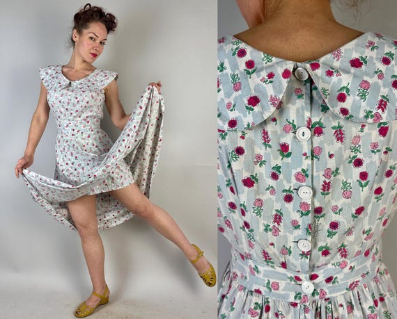 1940s Playful Picnic Playsuit | Vintage 40s Cloud Gray Baby Pink and Cherry Red Floral 2-Piece Play Set w/ Matching Skirt | Small