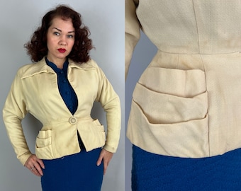1940s Wendy's Wasp Waist Blazer | Vintage 40s Cream White Wool Crepe "Lilli Ann" Jacket with Dolman Sleeves and Pleated Pockets | Small