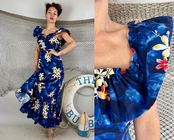 1950s Plumeria Princess Holoku Gown | Vintage 50s Blue Red White and Yellow Cotton Tropical Hawaiian Floral Dress w/Shoulder Ruffle | Medium