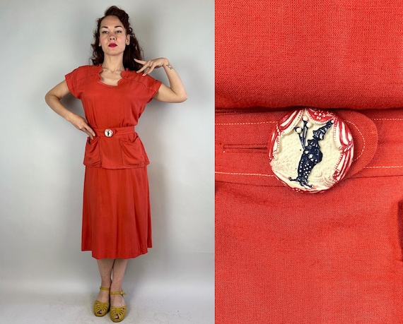 1940s Circus Follies Frock Set | Vintage 40s Orange Three Piece Linen Cotton Skirt Peplum Blouse and Clown Belt Ensemble | Small Medium