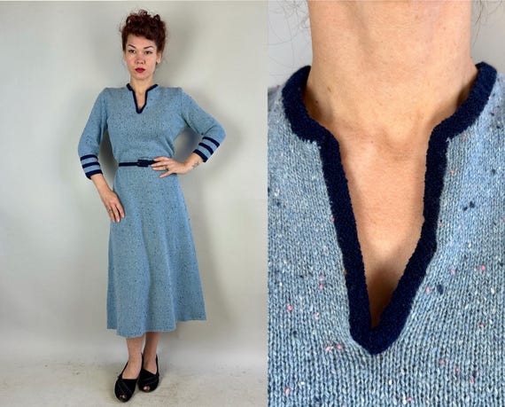 1940s Flecked and Fabulous Frock | Vintage 40s Sky Blue Wool Knit Dress with Pink White and Navy Flecks and Stripes | Extra Large XL